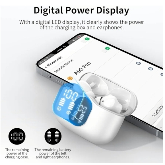 New A3 Pro Wireless Earbuds – Bluetooth 5.4, Noise Canceling & LED Dis  - White - Picture 9 of 12